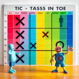 A vibrant and artistic interpretation of a Tic Tac Toe game combined with a Body Mass Index (BMI) chart