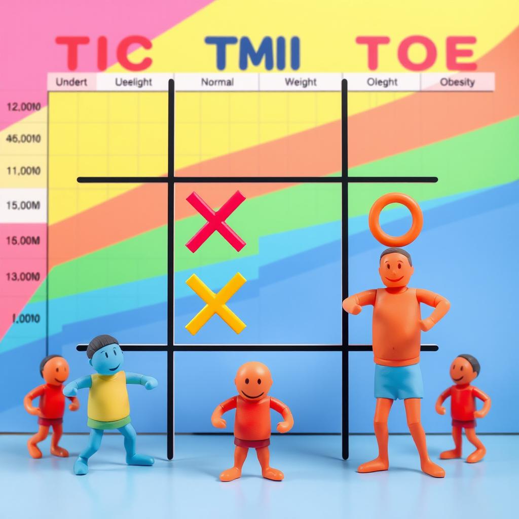 A vibrant and artistic interpretation of a Tic Tac Toe game combined with a Body Mass Index (BMI) chart