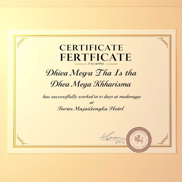 An official certificate with a modern design, featuring elegant typography and decorative borders