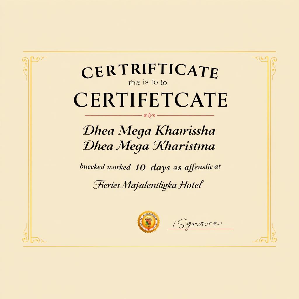 An official certificate with a modern design, featuring elegant typography and decorative borders