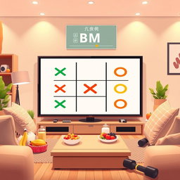 Illustration of a Tic-Tac-Toe (دوز) game being played in a digital interface, featuring an interactive board with colorful X's and O's, set in a contemporary living room with cozy lighting