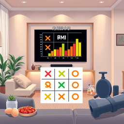 Illustration of a Tic-Tac-Toe (دوز) game being played in a digital interface, featuring an interactive board with colorful X's and O's, set in a contemporary living room with cozy lighting