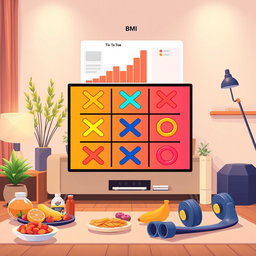 Illustration of a Tic-Tac-Toe (دوز) game being played in a digital interface, featuring an interactive board with colorful X's and O's, set in a contemporary living room with cozy lighting