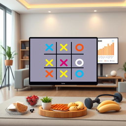Illustration of a Tic-Tac-Toe (دوز) game being played in a digital interface, featuring an interactive board with colorful X's and O's, set in a contemporary living room with cozy lighting