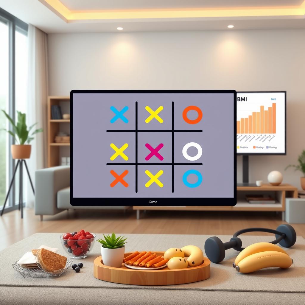 Illustration of a Tic-Tac-Toe (دوز) game being played in a digital interface, featuring an interactive board with colorful X's and O's, set in a contemporary living room with cozy lighting