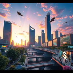 A futuristic cityscape bathed in the warm glow of sunset, soaring skyscrapers made of glass and steel reflect the vibrant colors of the sky