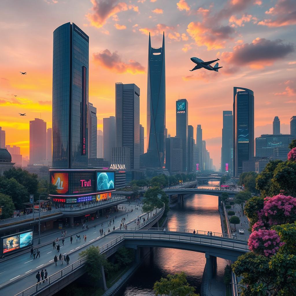 A futuristic cityscape bathed in the warm glow of sunset, soaring skyscrapers made of glass and steel reflect the vibrant colors of the sky