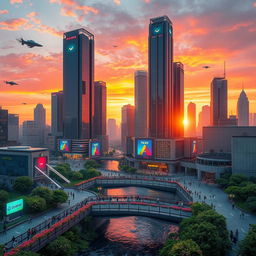 A futuristic cityscape bathed in the warm glow of sunset, soaring skyscrapers made of glass and steel reflect the vibrant colors of the sky