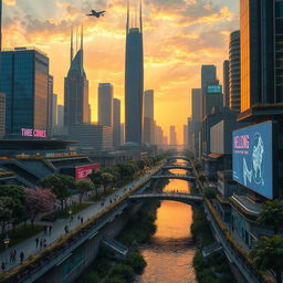 A futuristic cityscape bathed in the warm glow of sunset, soaring skyscrapers made of glass and steel reflect the vibrant colors of the sky