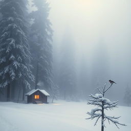 A serene winter landscape blanketed in soft white snow, with tall, majestic pine trees blanketed in frost