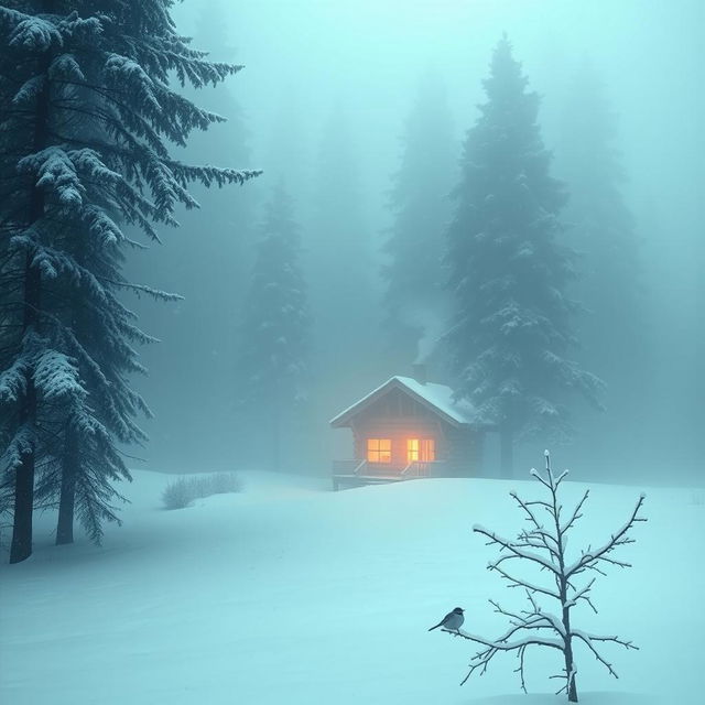 A serene winter landscape blanketed in soft white snow, with tall, majestic pine trees blanketed in frost