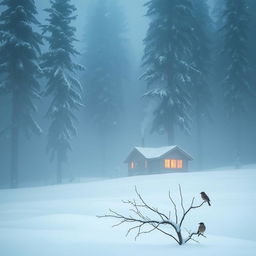 A serene winter landscape blanketed in soft white snow, with tall, majestic pine trees blanketed in frost