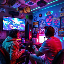 A dynamic and energetic scene depicting two players engaged in a competitive video game match, surrounded by colorful game-themed decorations and projections