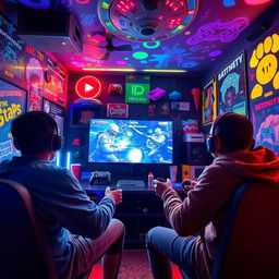 A dynamic and energetic scene depicting two players engaged in a competitive video game match, surrounded by colorful game-themed decorations and projections