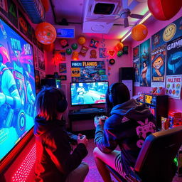 A dynamic and energetic scene depicting two players engaged in a competitive video game match, surrounded by colorful game-themed decorations and projections