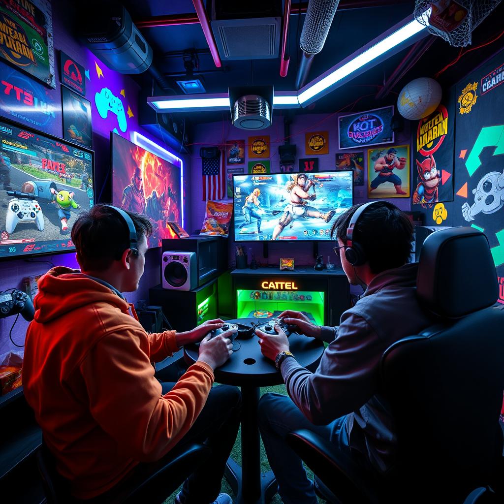 A dynamic and energetic scene depicting two players engaged in a competitive video game match, surrounded by colorful game-themed decorations and projections