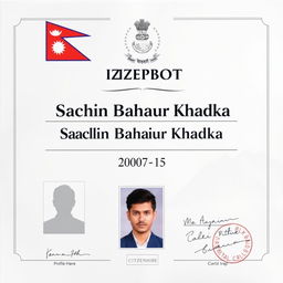 A detailed and realistic Nepalese citizenship certificate featuring the name 'Sachin Bahadur Khadka' prominently displayed in large, bold serif font