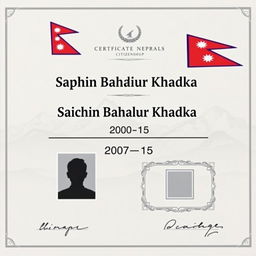 A detailed and realistic Nepalese citizenship certificate featuring the name 'Sachin Bahadur Khadka' prominently displayed in large, bold serif font