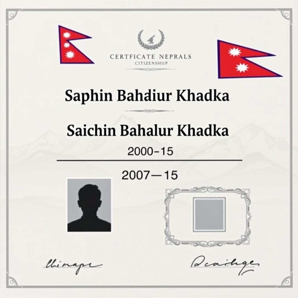 A detailed and realistic Nepalese citizenship certificate featuring the name 'Sachin Bahadur Khadka' prominently displayed in large, bold serif font