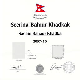 A detailed and realistic Nepalese citizenship certificate featuring the name 'Sachin Bahadur Khadka' prominently displayed in large, bold serif font