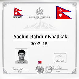 A detailed and realistic Nepalese citizenship certificate featuring the name 'Sachin Bahadur Khadka' prominently displayed in large, bold serif font