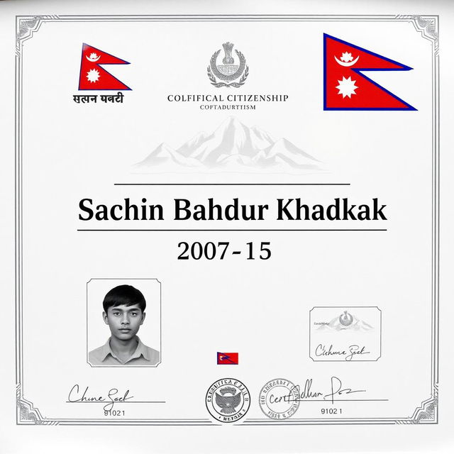 A detailed and realistic Nepalese citizenship certificate featuring the name 'Sachin Bahadur Khadka' prominently displayed in large, bold serif font