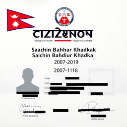 A realistic Nepalese citizenship certificate featuring the name 'Sachin Bahadur Khadka' prominently displayed in large, bold serif font