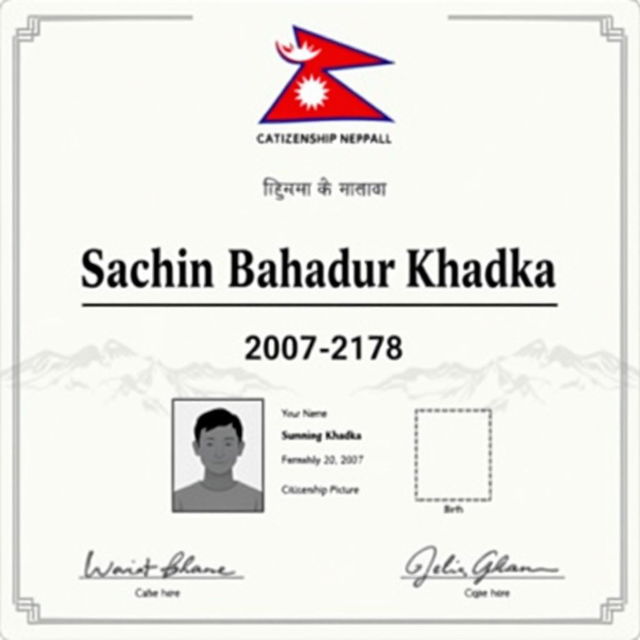 A realistic Nepalese citizenship certificate featuring the name 'Sachin Bahadur Khadka' prominently displayed in large, bold serif font