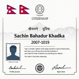 A realistic Nepalese citizenship certificate featuring the name 'Sachin Bahadur Khadka' prominently displayed in large, bold serif font