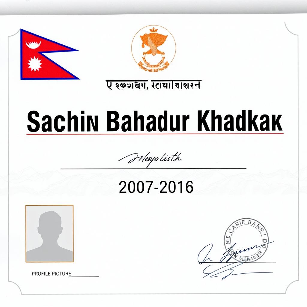 A realistic Nepalese citizenship certificate featuring the name 'Sachin Bahadur Khadka' prominently displayed in large, bold serif font