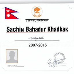 A realistic Nepalese citizenship certificate featuring the name 'Sachin Bahadur Khadka' prominently displayed in large, bold serif font