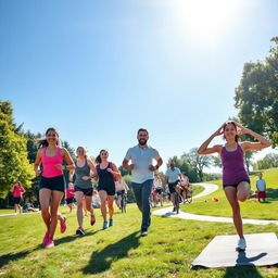 A vibrant outdoor scene at a park filled with diverse people engaged in various forms of exercise