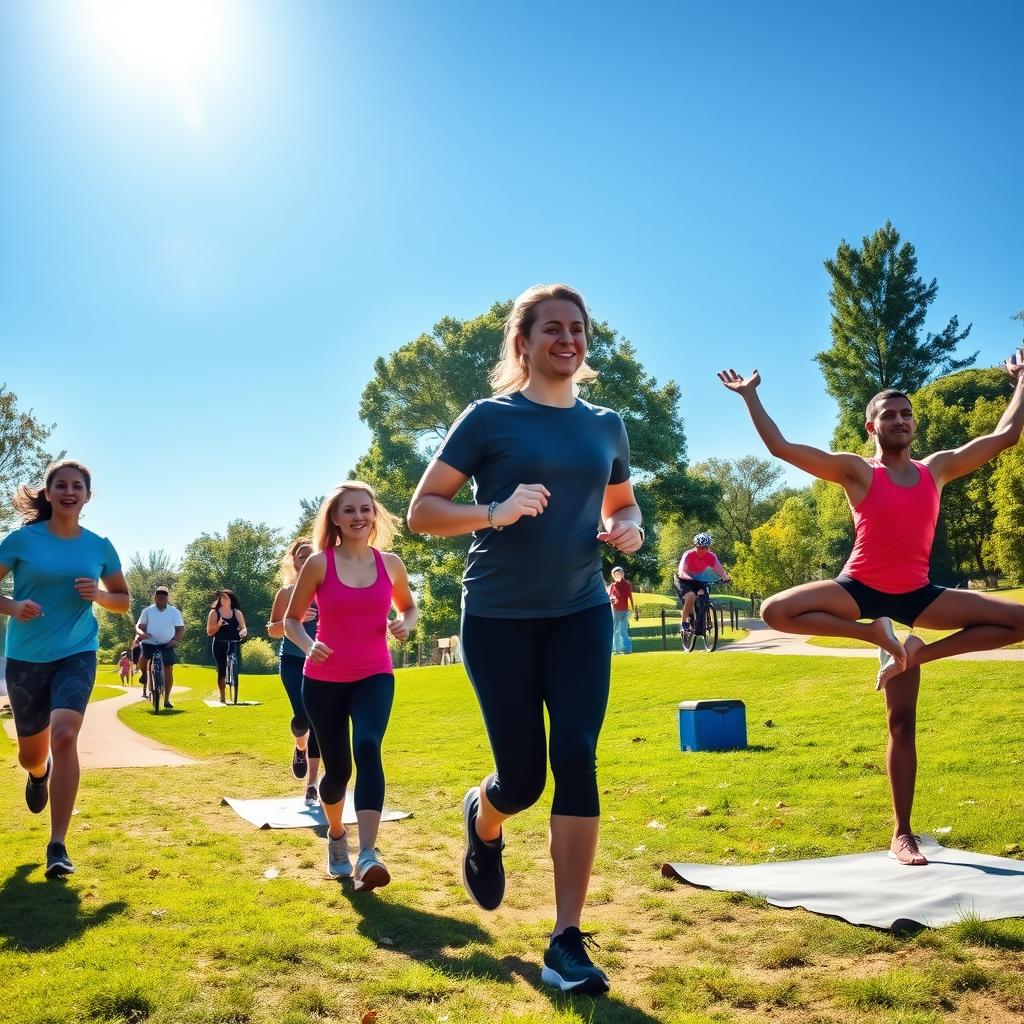 A vibrant outdoor scene at a park filled with diverse people engaged in various forms of exercise