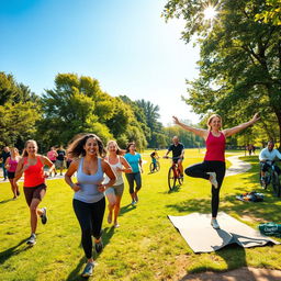 A vibrant outdoor scene at a park filled with diverse people engaged in various forms of exercise