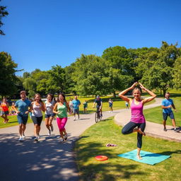 A vibrant outdoor scene at a park filled with diverse people engaged in various forms of exercise