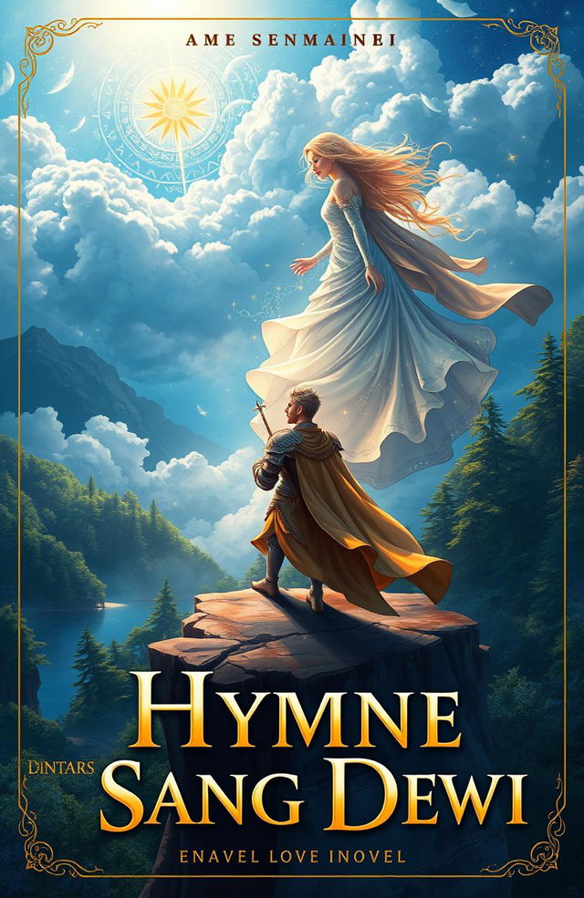 A captivating novel cover for 'Hymne untuk Sang Dewi', featuring a valiant knight standing on a cliff overlooking a mystical realm