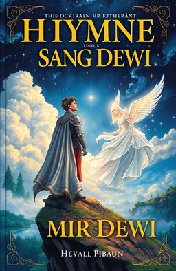 A captivating novel cover for 'Hymne untuk Sang Dewi', featuring a valiant knight standing on a cliff overlooking a mystical realm
