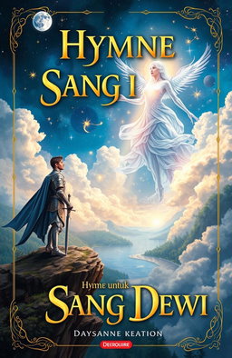 A captivating novel cover for 'Hymne untuk Sang Dewi', featuring a valiant knight standing on a cliff overlooking a mystical realm