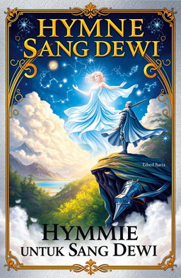 A captivating novel cover for 'Hymne untuk Sang Dewi', featuring a valiant knight standing on a cliff overlooking a mystical realm