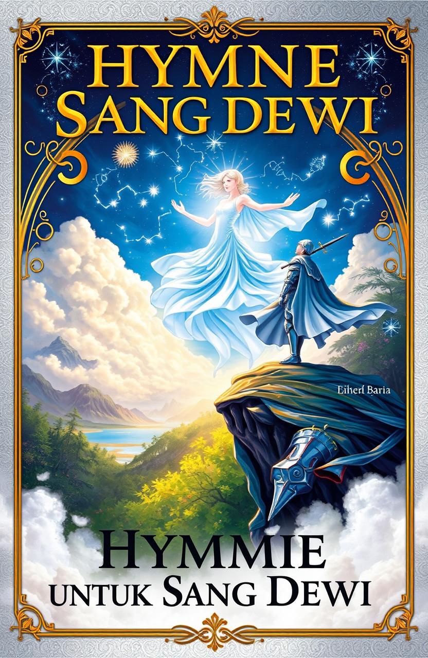 A captivating novel cover for 'Hymne untuk Sang Dewi', featuring a valiant knight standing on a cliff overlooking a mystical realm