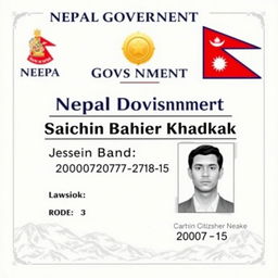 A detailed and professional Nepalese citizenship certificate featuring a prominent heading reading 'Nepal Government' at the top center in large, bold serif font