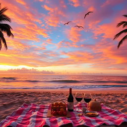 A beautiful sunset over a peaceful beach, the sky filled with vibrant shades of orange, pink, and purple