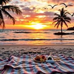 A beautiful sunset over a peaceful beach, the sky filled with vibrant shades of orange, pink, and purple