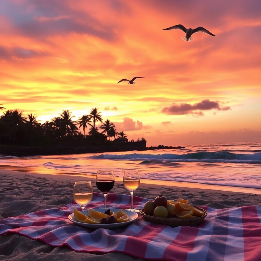 A beautiful sunset over a peaceful beach, the sky filled with vibrant shades of orange, pink, and purple