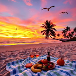 A beautiful sunset over a peaceful beach, the sky filled with vibrant shades of orange, pink, and purple