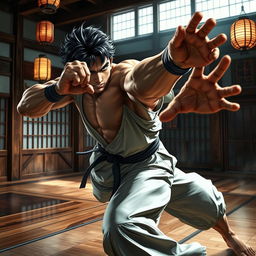 A dynamic and intense scene of a person performing a powerful grab in a martial arts setting, showcasing impressive athleticism and focus