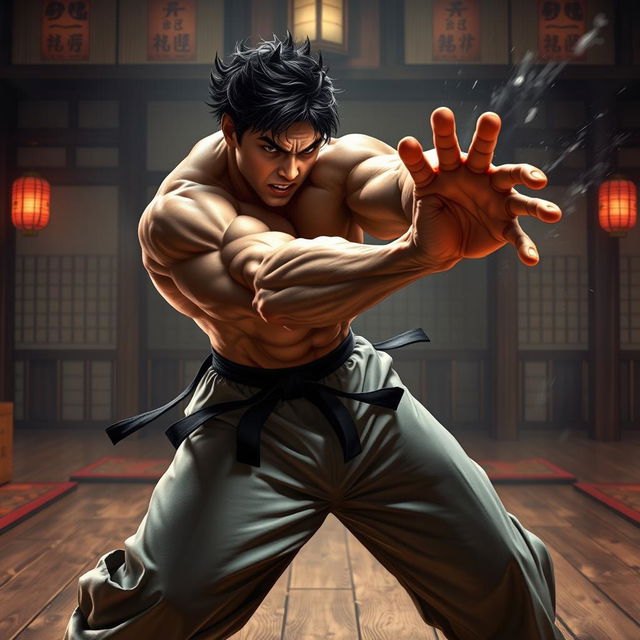 A dynamic and intense scene of a person performing a powerful grab in a martial arts setting, showcasing impressive athleticism and focus