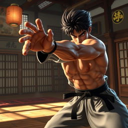 A dynamic and intense scene of a person performing a powerful grab in a martial arts setting, showcasing impressive athleticism and focus