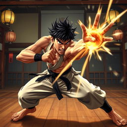 A dynamic and intense scene of a person performing a powerful grab in a martial arts setting, showcasing impressive athleticism and focus