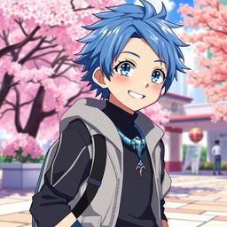A character design for an anime boy with striking blue eyes, styled with youthful features and vibrant hair